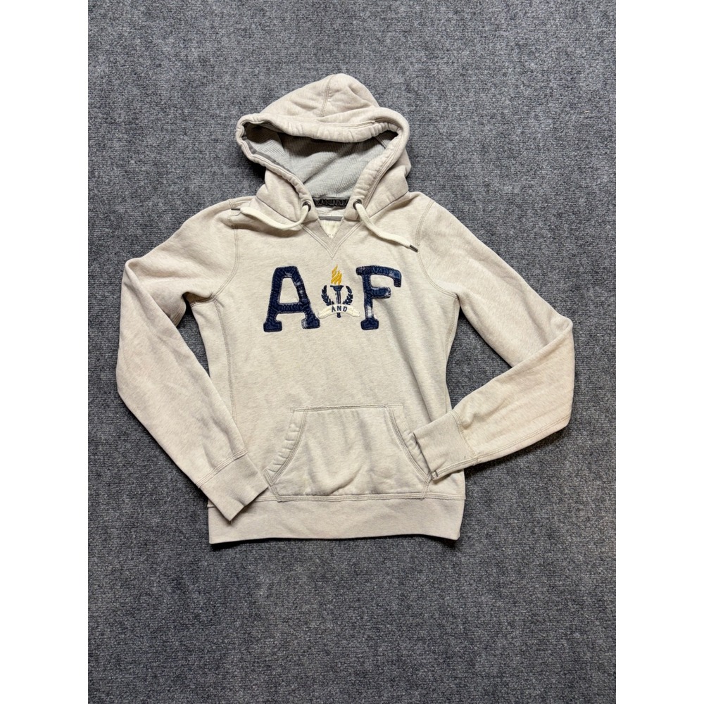 Abercrombie & Fitch Mens Oatmeal Heather Chenille Logo Pullover Hoodie Medium